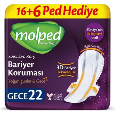 Molped Supernight Gece Ped 22 Adet Ultra İnce Rahatlık ve Sızıntı Önleyici Teknoloji