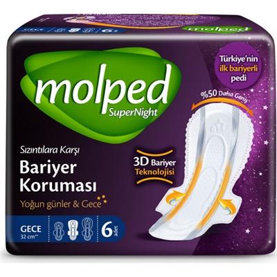 Molped Supernight Hijyenik Ped 6 Adet Gece İçin Yumuşak Üst Yüzey ile Konforlu Koruma