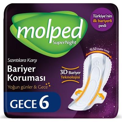 Molped Supernight Hijyenik Ped 6 Adet Gece İçin Yumuşak Üst Yüzey ile Konforlu Koruma