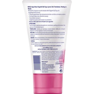 NIVEA Aqua Rose 3ü1 arada Yüz Temizleme Peeling Maske Tüm Ciltler;150ml;Organik Gül Suyu;Hyaluron;Mineal kili ile gözenek arındıcı
