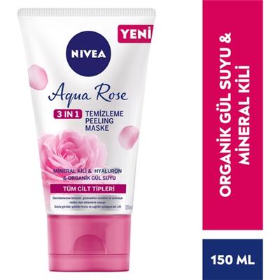 NIVEA Aqua Rose 3ü1 arada Yüz Temizleme Peeling Maske Tüm Ciltler;150ml;Organik Gül Suyu;Hyaluron;Mineal kili ile gözenek arındıcı