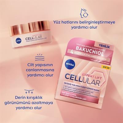 NIVEA Cellular Expert Lift Doğal Retinol Alternatifi Saf Bakuchiol ve Hyaluronik Asit içeren Yaşlanma Karşıtı ve Nemlendirici Gündüz Kremi 50ml