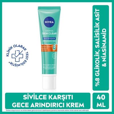NIVEA Derma Skin Clear Night Exfoliator Gece Arındırıcı Krem 40ml, %8 Glikolik Asit (AHA) ve Salisilik Asit (BHA) ile ,Eşit Cilt Tonu