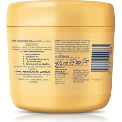 NIVEA El ve Vücut Bakım Kremi Cocoa Butter 400ml, 48 Saat Nemlendirici Serum, E Vitamini, Kakao Yağı