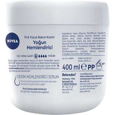 NIVEA El ve Vücut Bakım Kremi Yoğun Nemlendirici 400ml, 48 Saat Nemlendirici, Deniz Mineralleri