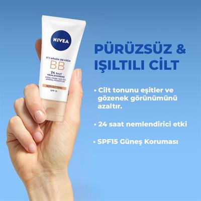 NIVEA Essentials BB Krem;24 Saat Nemlendirme + Işıltı Açık Ton Gündüz Kremi 50 ml