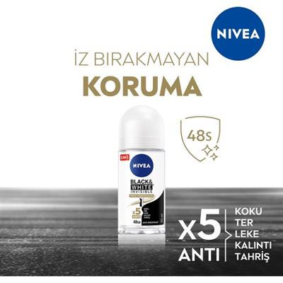 NIVEA Kadın Roll-on Deodorant Black& White Invisible İpeksi Pürüzsüzlük 50ml;  Ter ve Ter Kokusuna Karşı 48 Saat Anti-perspirant Deodorant Koruması; Hassas Koltuk Altı