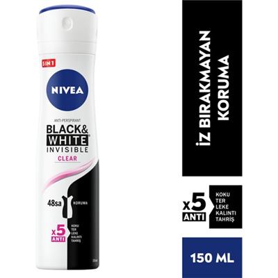 NIVEA Kadın Sprey Deodorant Black& White Invisible Clear 150ml,  Ter ve Ter Kokusuna Karşı 48 Saat Anti-perspirant Deodorant Koruması