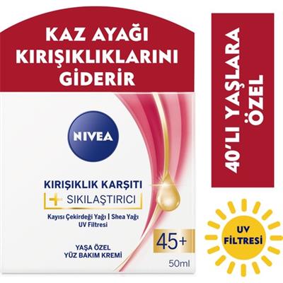 NIVEA +  Krem Yaş 45+ (50ml);Yaşa Özel Yüz Bakım Kremi;Kayısı Çekirdeği ve Shea Yağı ile Yoğun Cilt Bakım;UV filtresi ile Güneş Koruması