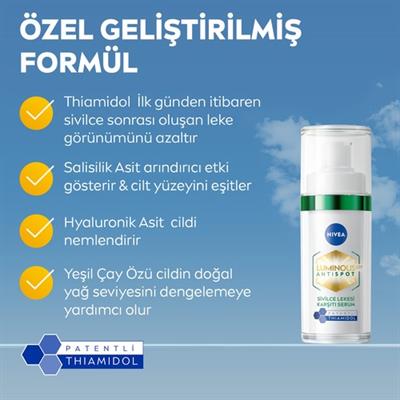 NIVEA Luminous630 Sivilce Lekesi Karşıtı Cilt Serumu 30ml, Thiamidol Etkili, Salisilik Asit, Hyaluronik Asit, Sivilceli Cilt, Eşit Cilt Tonu, Pürüzsüz Cilt