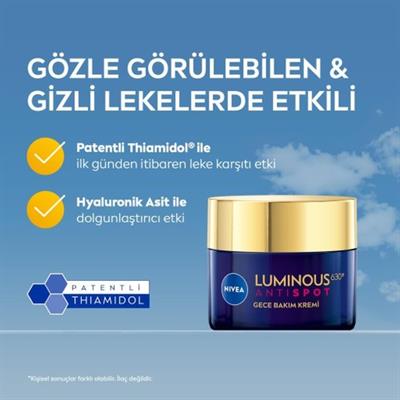 NIVEA Luminous630 Thiamidol Etkili Leke Karşıtı Gece Yüz Bakım Kremi 50ml, Hyaluronik Asit, Nemlendirici