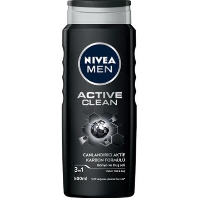 NIVEA Men Active Clean Duş Jeli 500ml;3ü 1 Arada Komple Bakım; Vücut; Saç ve Yüz için;Doğal Aktif Karbon İçerir