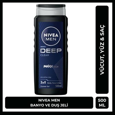 NIVEA MEN Deep Dimension Erkek Duş Jeli 500ml; 3ü1 Arada Vücut; Saç ve Yüz için Pratik Kullanım