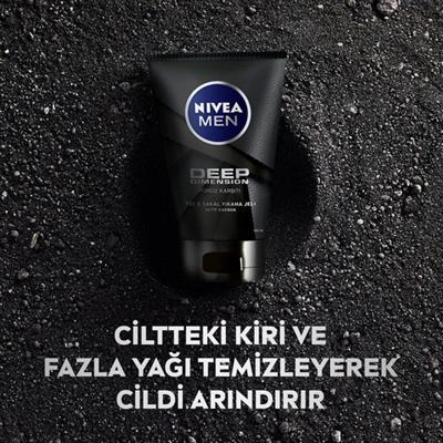 NIVEA Men Deep Dimension Yüz ve Sakal Temizleme Jeli 100ml, Aktif Karbon İçeriği ile Cildi Arındırır