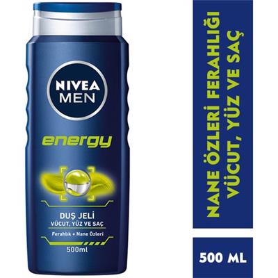 NIVEA Men Energy Duş Jeli 500ml; 3ü 1 Arada Komple Bakım; Vücut; Saç ve Yüz için; Nane Özleri ile 24 Saat Ferah Cilt Hissi