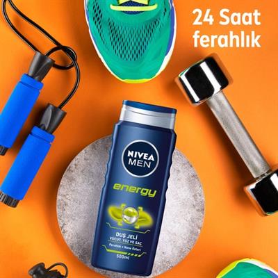 NIVEA Men Energy Duş Jeli 500ml; 3ü 1 Arada Komple Bakım; Vücut; Saç ve Yüz için; Nane Özleri ile 24 Saat Ferah Cilt Hissi