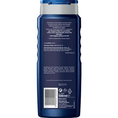 NIVEA Men Energy Duş Jeli 500ml; 3ü 1 Arada Komple Bakım; Vücut; Saç ve Yüz için; Nane Özleri ile 24 Saat Ferah Cilt Hissi