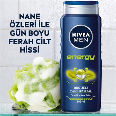 NIVEA Men Energy Duş Jeli 500ml; 3ü 1 Arada Komple Bakım; Vücut; Saç ve Yüz için; Nane Özleri ile 24 Saat Ferah Cilt Hissi