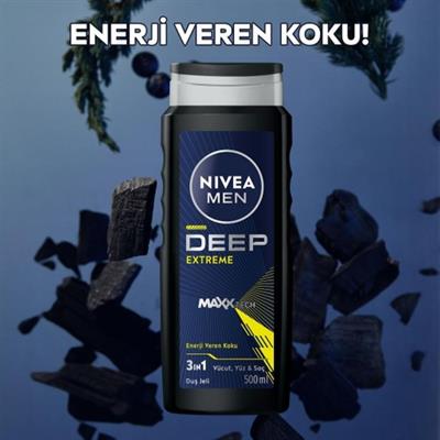 Nivea Men Erkek Deep Extreme Duş Jeli 500ML, 3ü 1 Arada Komple Bakım, Vücut, Saç ve Yüz Için, Ferahlık
