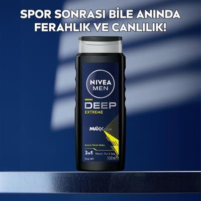 Nivea Men Erkek Deep Extreme Duş Jeli 500ML, 3ü 1 Arada Komple Bakım, Vücut, Saç ve Yüz Için, Ferahlık