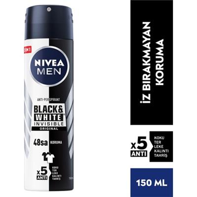 NIVEA Men Erkek Sprey Deodorant Black&White Invisible Original Ter ve Ter Kokusuna Karşı 48 Saat Anti-perspirant  150ml