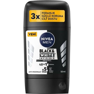 NIVEA MEN Erkek Stick Deodorant Black&White Invisible Original 50ml, Ter Kokusuna Karşı 48 Saat Koruma