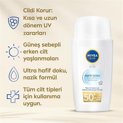 Nivea Sun Hafif Dokulu Güneş Koruyucu Yüz Kremi, SPF50, Yüksek Güneş Koruyucu, Erken Yaşlanma Karşıtı 40 ml