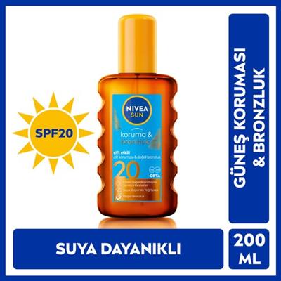 NIVEA Sun SPF20 Koruma & Bronzluk Güneş Yağı 200 ml Sprey,Anında UVA/UVB Koruması