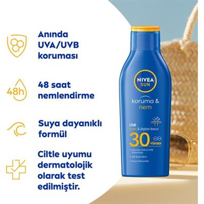 NIVEA Sun SPF30 Güneş Koruyucu & 48 Nemlendirici Güneş Losyonu 200 ml;Yüksek Güneş Koruması