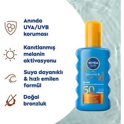 NIVEA Sun SPF50 Güneş Koruyucu & Bronzluk Güneş Kremi 200 ml Sprey,Çok Yüksek Güneş Koruması