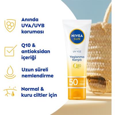 NIVEA Sun SPF50+  & Leke Q10 Yüz Güneş Kremi 50 ml;Çok Yüksek Güneş Koruması