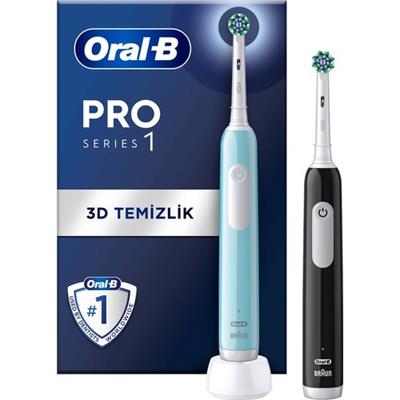 Oral-B Pro Series 1 İkili Paket, Siyah ve Mavi Elektrikli Diş Fırçaları, 2 Diş Fırçası Başlığı, Braun Tasarımı