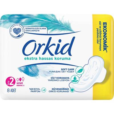 Orkid Ekstra Hassas Koruma Uzun Pedler 8 Adet Yumuşak Üst Yüzey ile Cilt Koruma