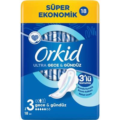Orkid Ultra Gece Hijyenik Ped 18li – Süper Emici, 3 mm İnce Tasarım, %100 Sızıntı Koruması ve Nefes Alabilen Yüzey