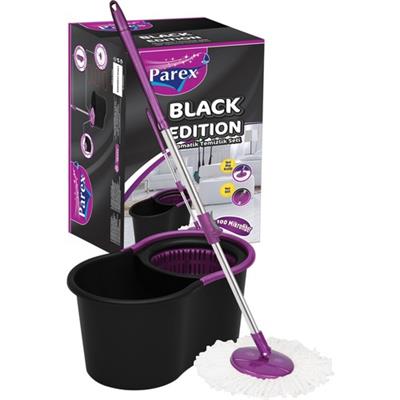Parex Black Edition Otomatik Temizlik Seti - Paslanmaz Çelik Sap ve Orta Boy Mikrofiber Mop Başlığı, 360° Dönme Sistemi