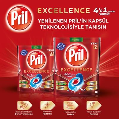 Pril Excellence 4’ü 1 Arada Konsantre Bulaşık Makinesi Deterjanı 22 Kapsül – Güçlü Yağ Çözme, Üstün Temizlik ve Parlaklık