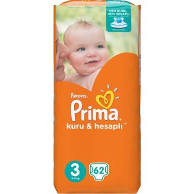 Prima Bebek Bezi Kuru ve Hesaplı 3 Beden 62 Adet Midi Mega Paket