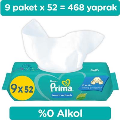 Prima Temiz Ve Ferah Islak Mendil 9 Paket 576 yaprak Islak Mendil