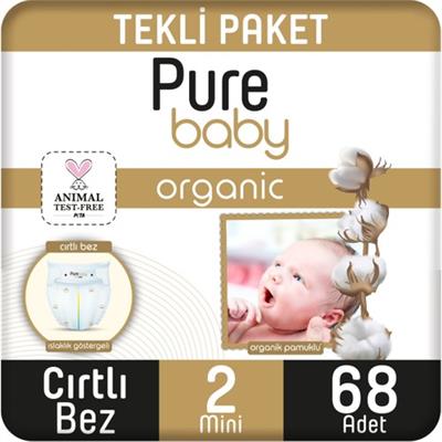 Pure Baby Organik Pamuklu Cırtlı Bez Tekli Paket 2 Numara Mini 68 Adet