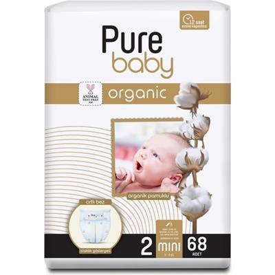 Pure Baby Organik Pamuklu Cırtlı Bez Tekli Paket 2 Numara Mini 68 Adet
