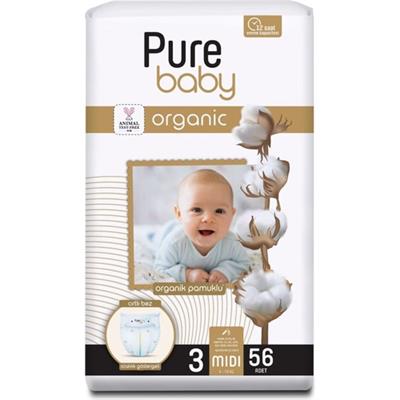 Pure Baby Organik Pamuklu Cırtlı Bez Tekli Paket 3 Numara Midi 56 Adet