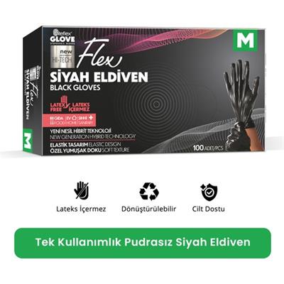 Reflex Flex Eldiven Tek Kullanımlık Pudrasız Siyah M Beden Eldiven 100’lü