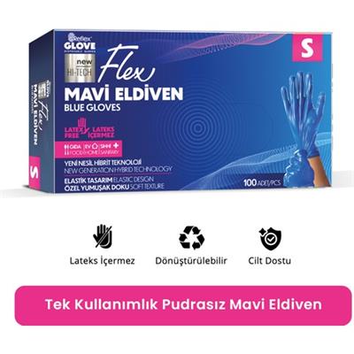 Reflex Flex Eldiven Tek Kullanımlık Pudrasız Mavi S Beden Eldiven 100’lü