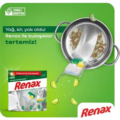 Renax Bulaşık Makinesi Kapsülü 22 Yıkama Limon Kokulu Yağ ve Kireç Önleyici Hepsi Bir Arada Formül