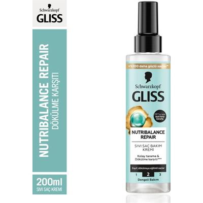 Schwarzkopf Gliss Nutribalance Repair Durulanmayan Sıvı Saç Kremi 200 ml Isı Koruma Seramid ve İpek İçerikli Zayıf Saçlar