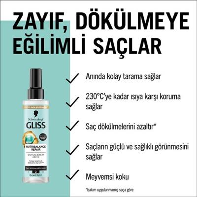 Schwarzkopf Gliss Nutribalance Repair Durulanmayan Sıvı Saç Kremi 200 ml Isı Koruma Seramid ve İpek İçerikli Zayıf Saçlar