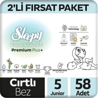 Sleepy Bio Natural Premium Plus Fırsat Paketi Bebek Bezi 5 Numara Junior 58 Adet (1 Paket)