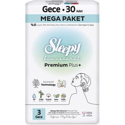 Sleepy Bio Natural Premium Plus Hijyenik Ped Mega Paket Gece 30 Adet
