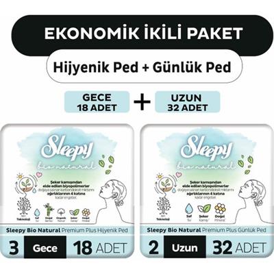 Sleepy Ekonomik Ikili Paket (Bio Natural Premium Plus Hijyenik Ped Gece 18li + Günlük Ped Uzun 32li)