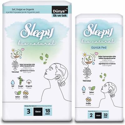 Sleepy Ekonomik Ikili Paket (Bio Natural Premium Plus Hijyenik Ped Gece 18li + Günlük Ped Uzun 32li)